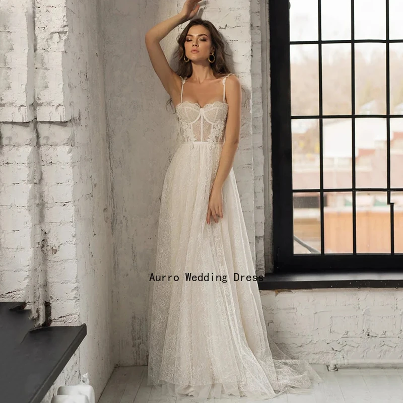 Sexy Spaghetti träger eine Linie Brautkleid schnüren volle Spitze Vintage Party kleider ärmellose rücken freie Vestidos de Novia