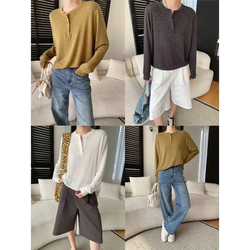 New Casual Long-sleeve Collar T-shirt Long Sleeve Henley Shirt Button Placket Ribbed Cuffs For Women Casual Retro Style QVC1