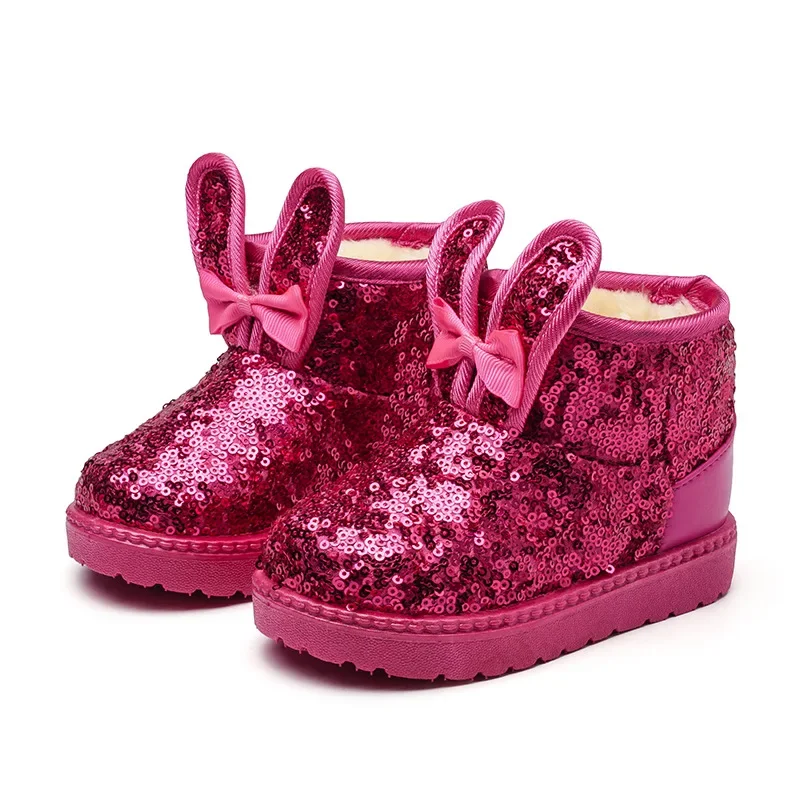 2024 New Girls Snow Boots Bunny Sequined Cute Winter Warm Ankle Boots Princess Toddler Non-slip Fashion Kids Shoes Glitter Bling