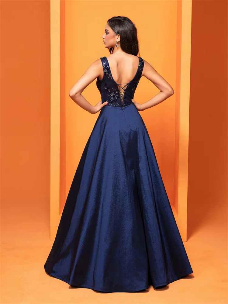 Lucyinlove Luxury Sexy Deep V-Neck Sequins Blue Evening Dress Women Elegant V-back Satin Party Long Prom Cocktail Dress