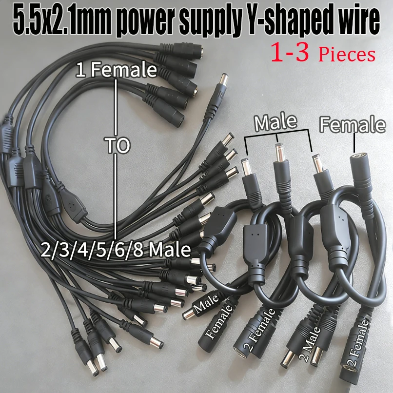 1-3Pieces 5.5x2.1mm DC Power Supply Y-shaped Cable 1 To 2/3/4/5/6/8 Channels 5-12V For CCTV Monitoring Camera LED Light Strip