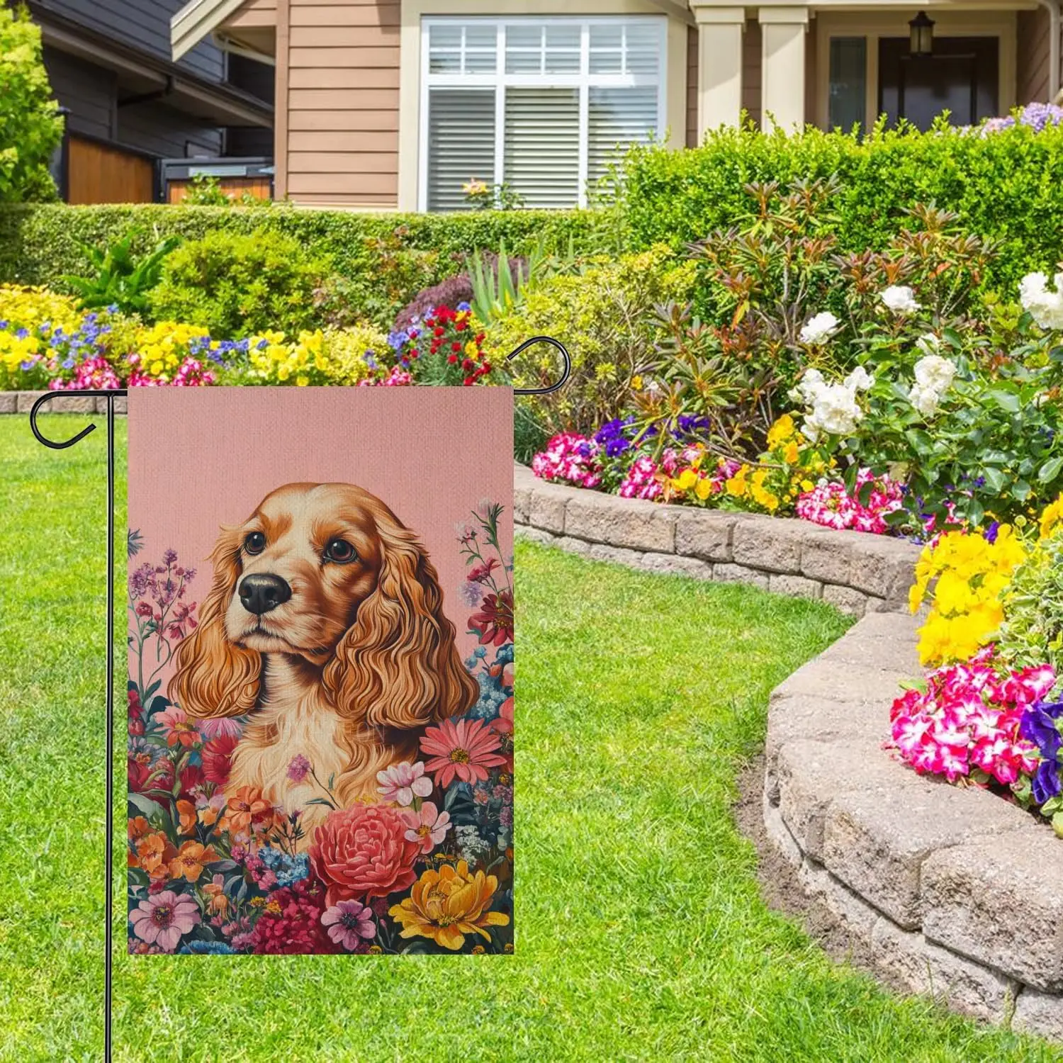 Welcome Cocker Spaniel Garden Flag Double Sided, Pink Floral Flower Decorative Yard Outdoor Home Small Decor, Outside House  yyi
