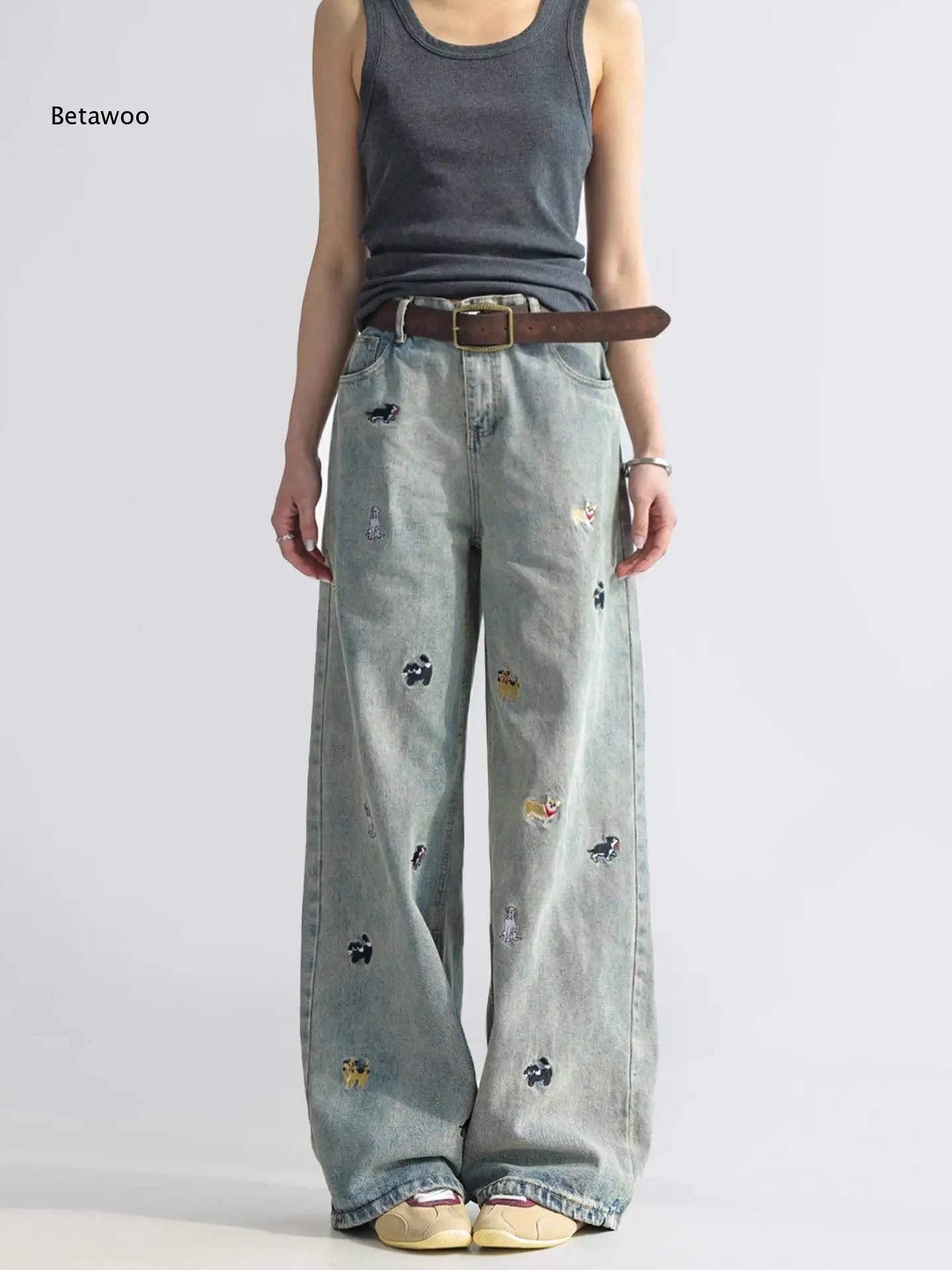Women Solid Black Wide Leg Denim Pants Cute Multi Puppy Embroidery High Waist Loose Full Length Casual Trousers