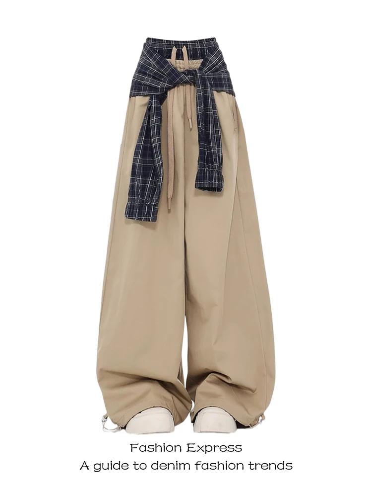 

Khaki High Waist Double Waist Design Workwear Pants Women's Loose Wide Leg Floor-Length Trousers Autumn New Sle