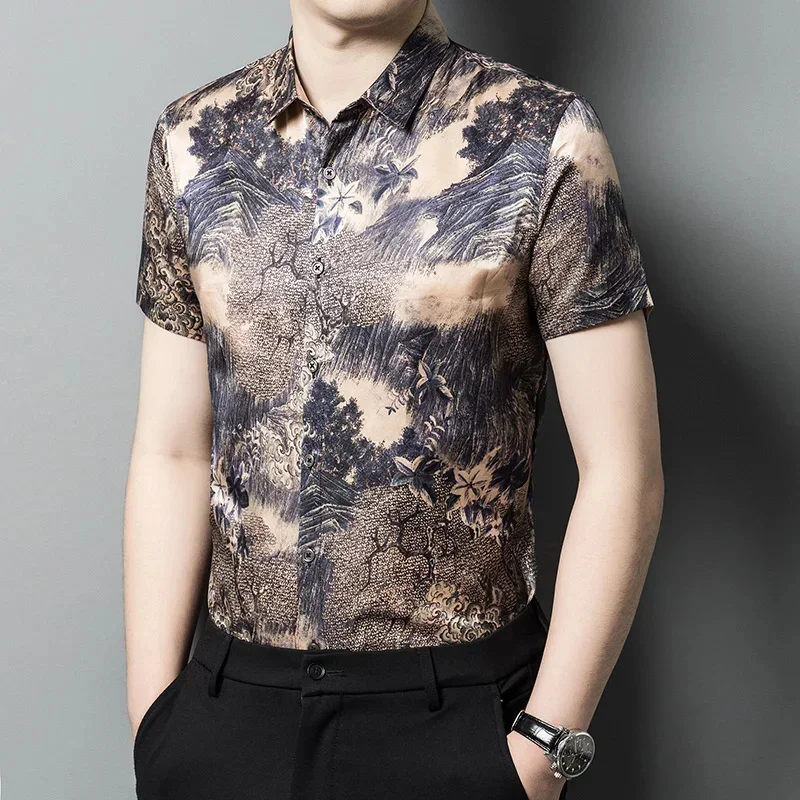 34.1% Mulberry Real Silk Shirt for Men Short Sleeved Printed ' Clothing 65.9% Cotton Tops Casual s Camisetas