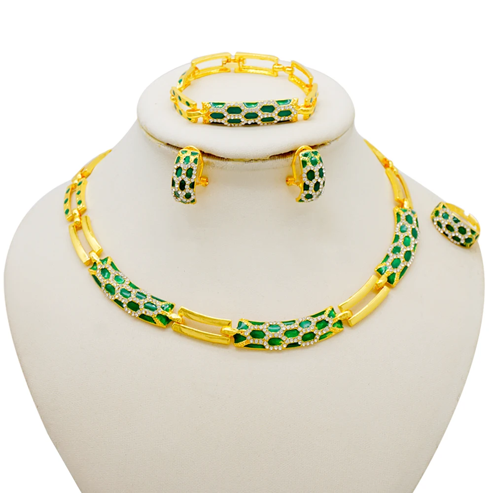 Dubai Gold Color Classics Jewelry Sets For Women Charm Crystal Green Necklace Earrings Nigerian Wedding African Costume Jewelry