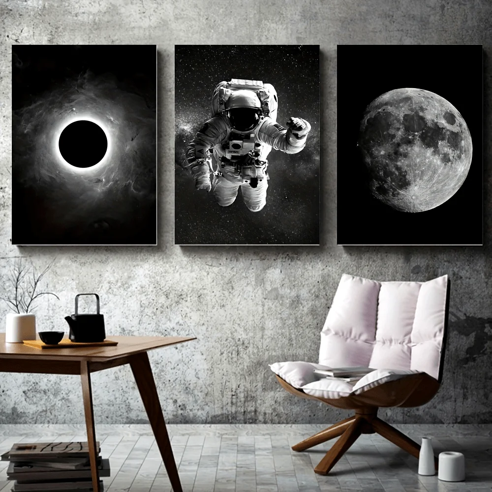Three Frameless Black and White Lunar Eclipse Living Room Frameless Hanging Paintings, Spray Painted Space Astronaut Bedroom