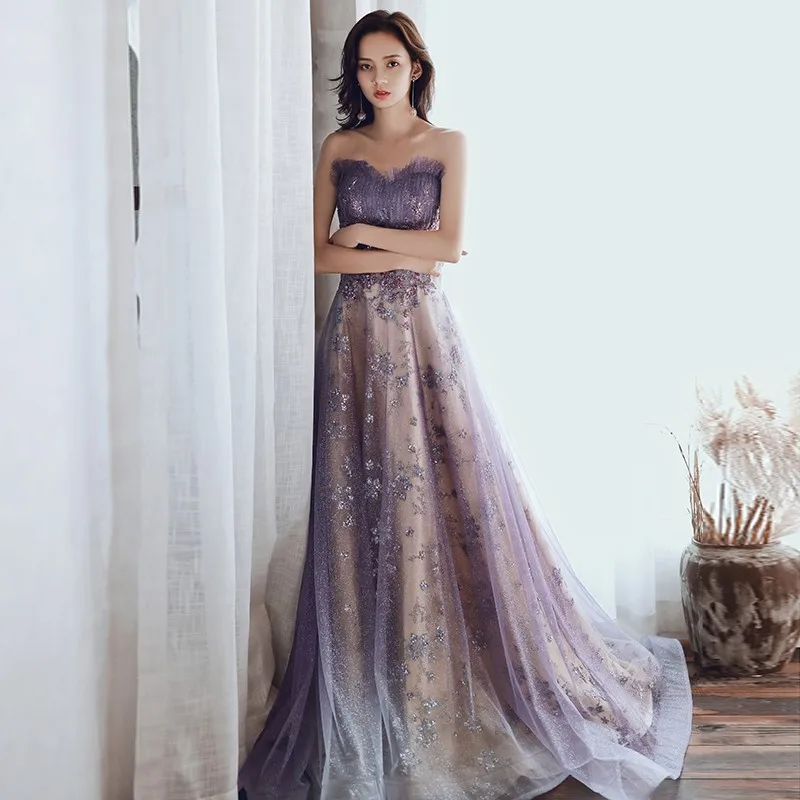 

Banquet light luxury new purple high set temperament slimming fantasy fairy long breast skirt