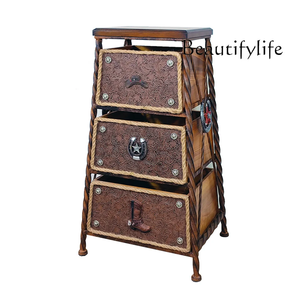 Sofa Side Cabinet Industrial Style Iron Decorative Distressed Storage Cabinet Creative Retro Chest of Drawers