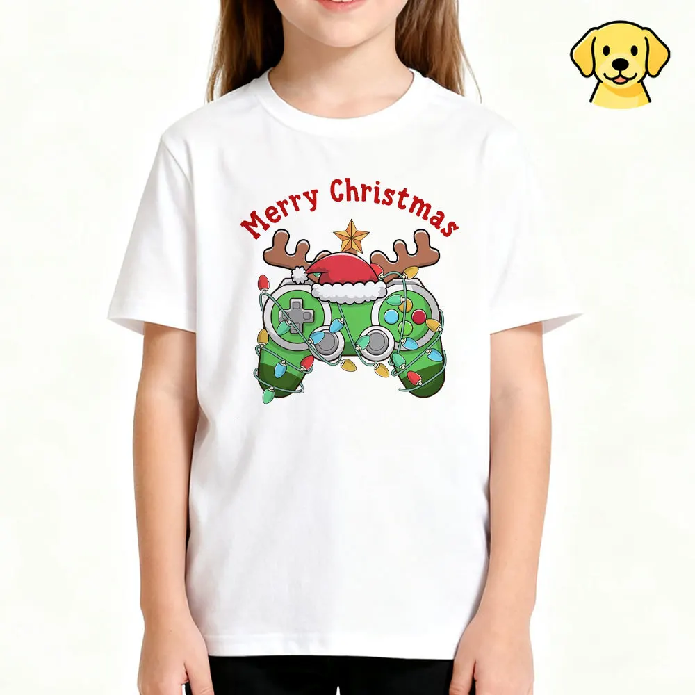 2025 Children's Gaming Christmas Cotton T-Shirt Xmas Controller Boys Girl Design Man Snowman Santa Reindeer Elf Boys Clothes