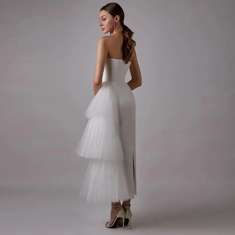 Customized Romantic Organza Evening Dresses Temperament Straight Tea Length Strapless Sleeveless Back Slit Vestidos De Novia