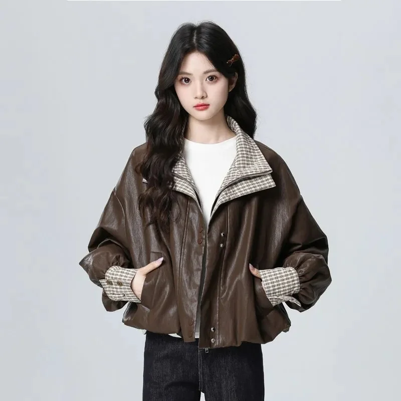 

Корейская женская куртка из искусственной кожи с отложным воротником, в клетку, с длинными рукавами, осенняя, повседневная, модная, из искусственной кожи, для женщин