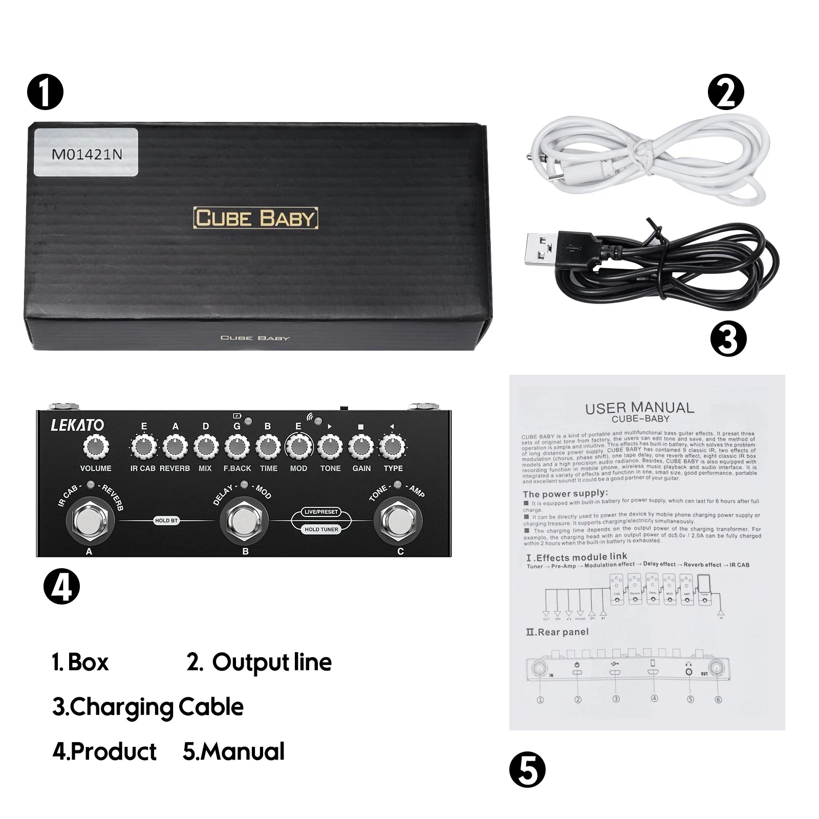 Lekato new Cube Baby Pro Multi-Effect - 8 Ir Cabinets + Modulation Suite (Chorus/trem/delay/phaser), Guitar Amp Simulator Pedal