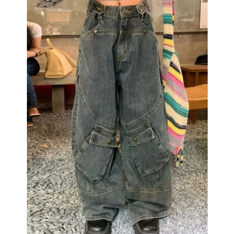 

Retro Punk Style Large Pocket Tooling Jeans Women's Street 2024 Fashion Straight-leg Pants Y2k Loose Mopping Pants