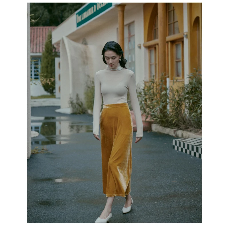 Silk Velvet Women's Skirt Spring Autumn khaki Mulberry Silk Skirt Temperament Noble Comfortable Loose Size 3XL Women's Clothing