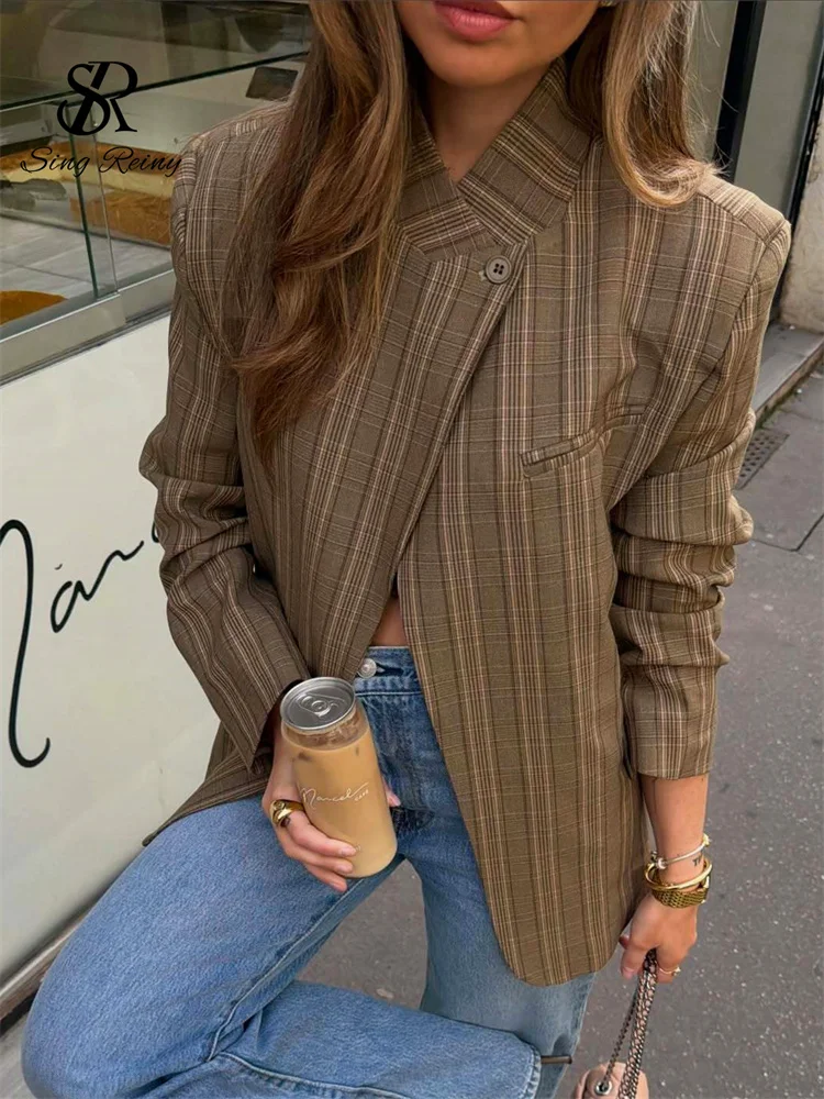 SINGREINY Autumn Fashion Plaid Vintage Coats Slit Stand Neck Full Sleeves Loose Jackets Ladies Commute Streetwear Casual Outwear