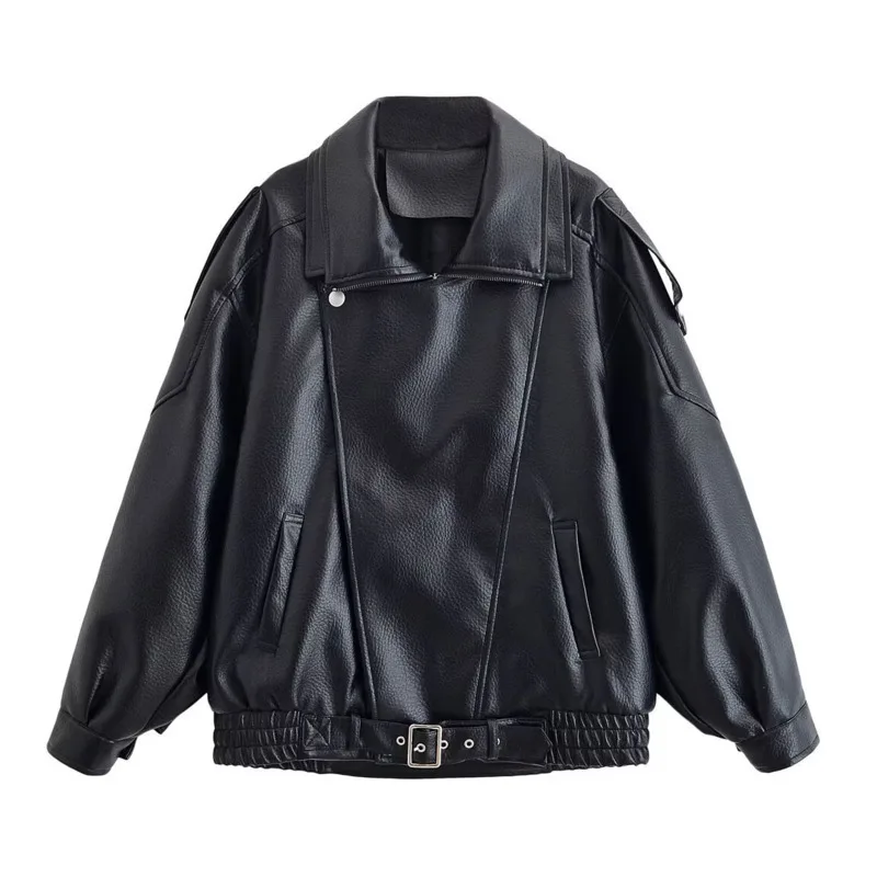 EAEOVNI High Street Leather Jacket Women Fashion Lapel Patchwork Zipper Design Gathered Waist Coat Streetwear New Clothing