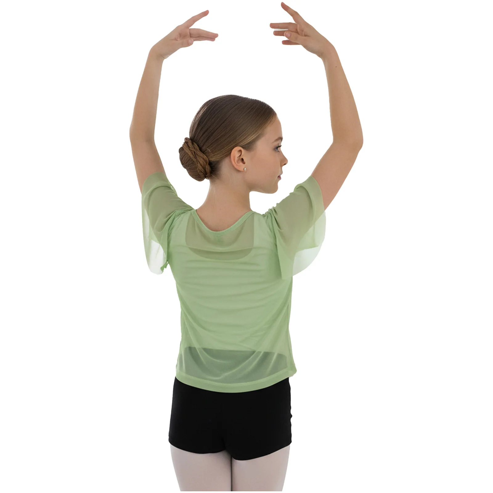 Kids Girls Classical Dance Tops Short Sleeve V-neck Sheer Mesh Top Ballet Dance Classes Gymnastics Training Warm Up Clothing