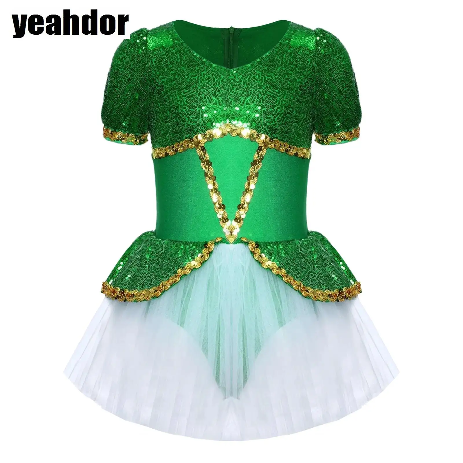 

Girls Flower Fairy Costume Sequin Tutu Dress Short Sleeve Puffy Mesh Gymnastic Ballet Leotard Halloween Green Eif Princess Dress