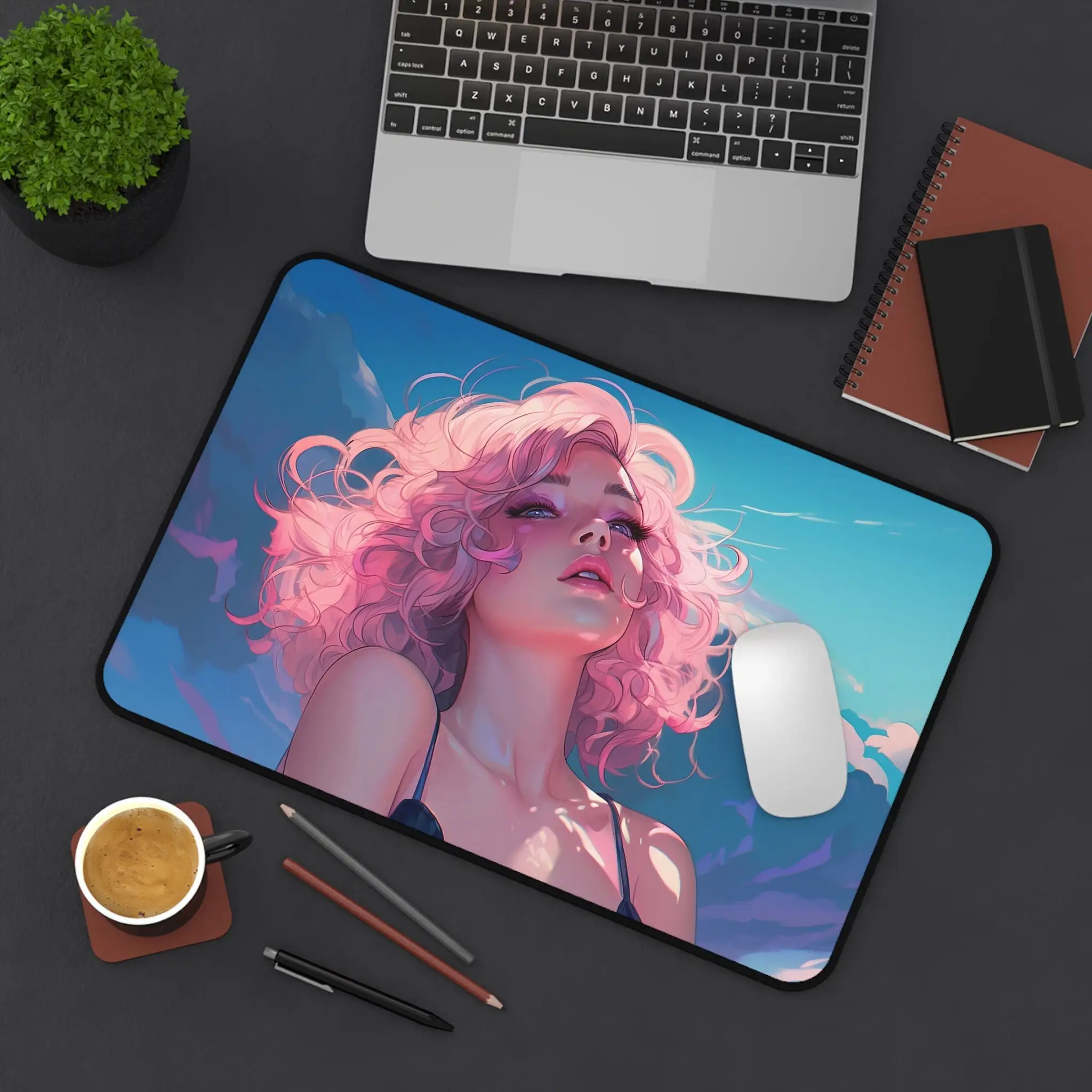 Pink Hair Pattern Table Mat, Blue Sky Desktop Decoration, Non-slip Waterproof Gaming Mouse Pad, Perfect Gift for Friends