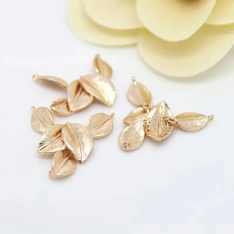 (1616)4PCS 34*19MM 24K Champagne Gold Color Brass Connect Tree Leaf Charms Pendants High Quality Jewelry Findings Accessories