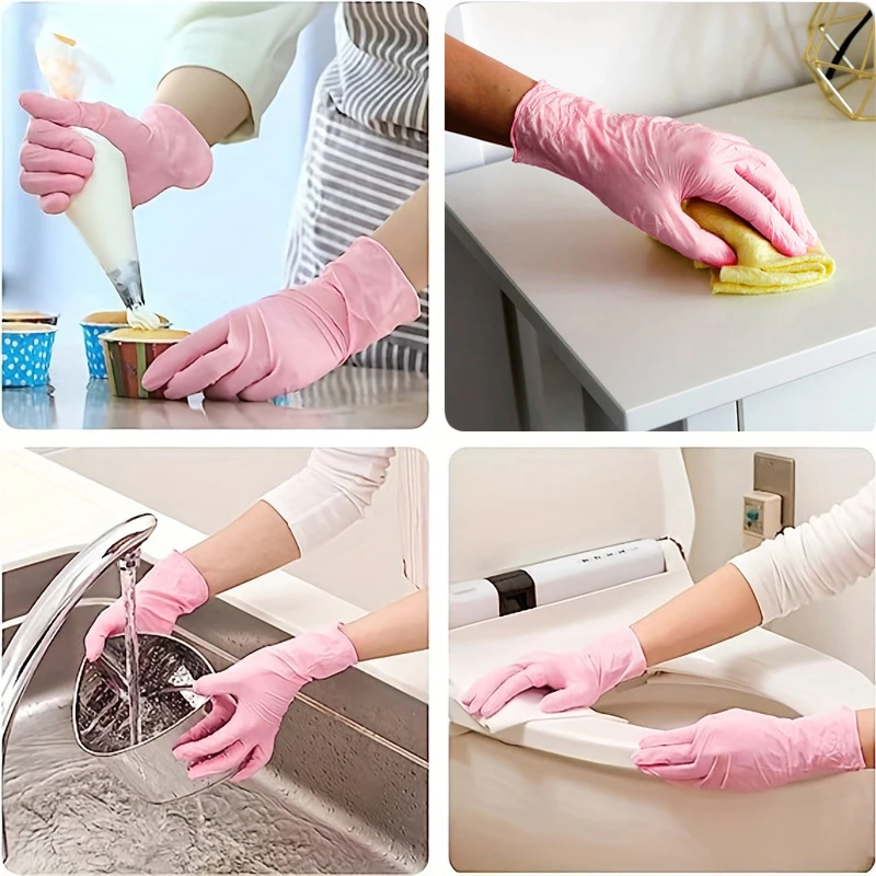 Pink Nitrile Gloves For Kitchen Bathroom Beauty Salon Painting Nail Art Waterproof Dirt Resistant Gloves Household Cleaning Tool