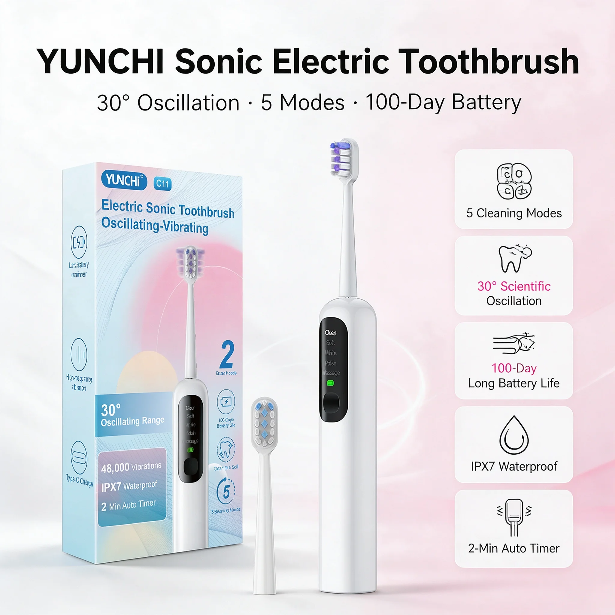 YUNCHI Customized Sonic Sweeping Toothbrush 30 Scientific Swing 1 Brush Handle 2 Brush Head