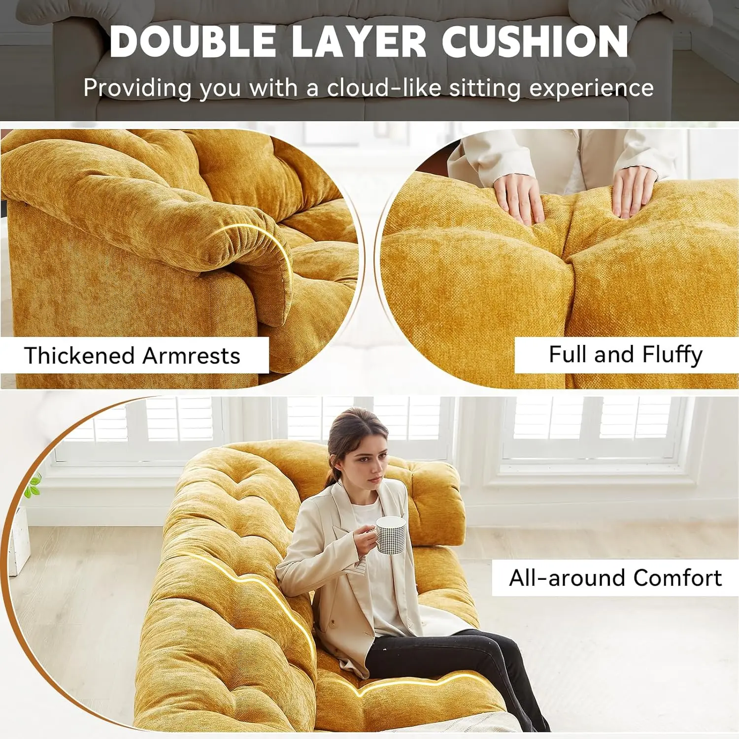 Sofá de 3 lugares, 94,8 polegadas, moderno, confortável, tufado, tecido de chenille, nuvem, espuma macia, assento profundo, sofá de loveseat macio para