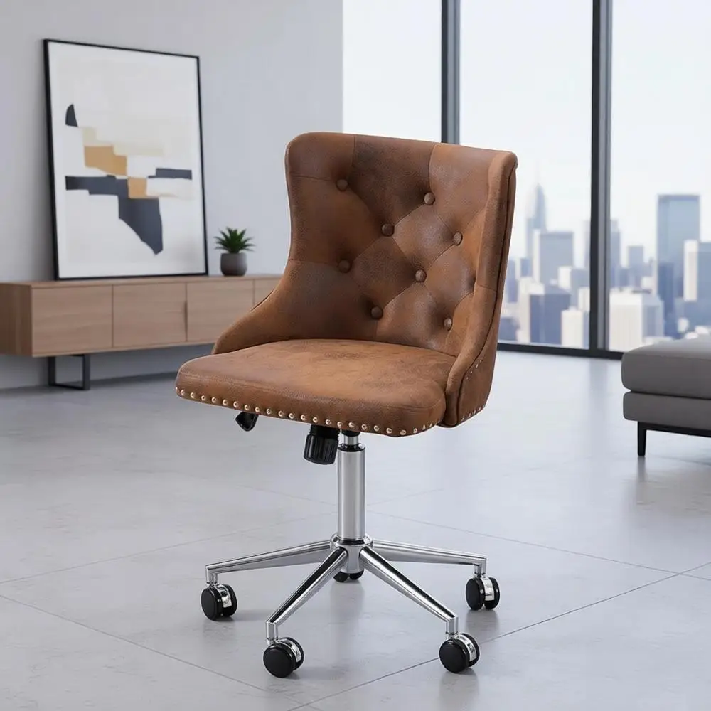 Microfiber Home Office Desk Chair with Silver Base/Wheels, Compact Vanity/Makeup Chair with Back Support for Bedrooms, Upholster