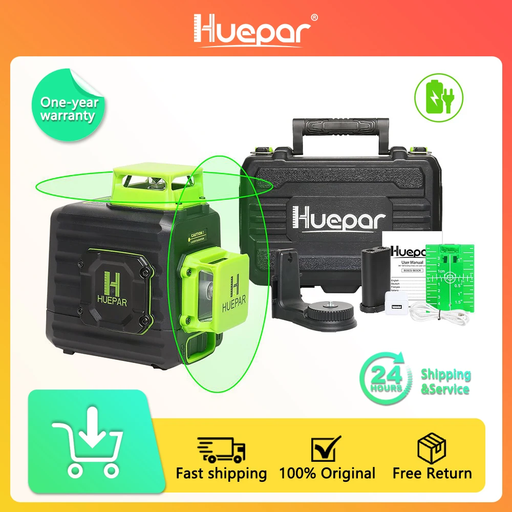 Huepar 2 x 360 Cross Line Self-leveling Laser Level Green Beam Li-ion Battery with Type-C Charging Port & Hard Carry Case