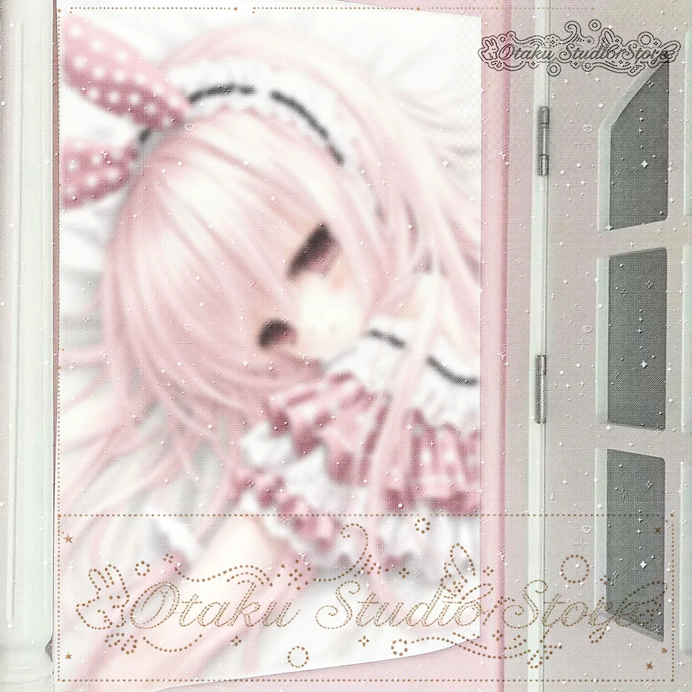 Vintage Anime Bunny Girl Tapestry ねむりのほし，Pink Polka Dot Rabbit Ear,Frilled Lace Outfit,Cute Sweet Lolita Wall Hanging For Bedroo