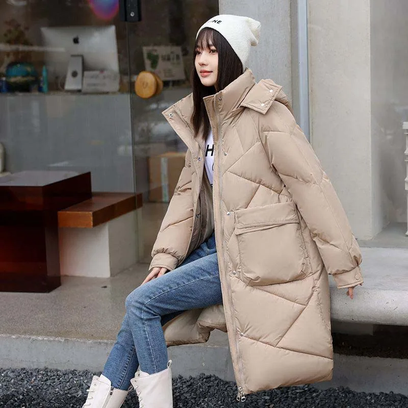 Winter Rhombic Lattice Long Plaid Parkas Women Loose Cotton Coat Hooded Solid Pocket Vintage Thicken Warm Zipper Casual Jacket