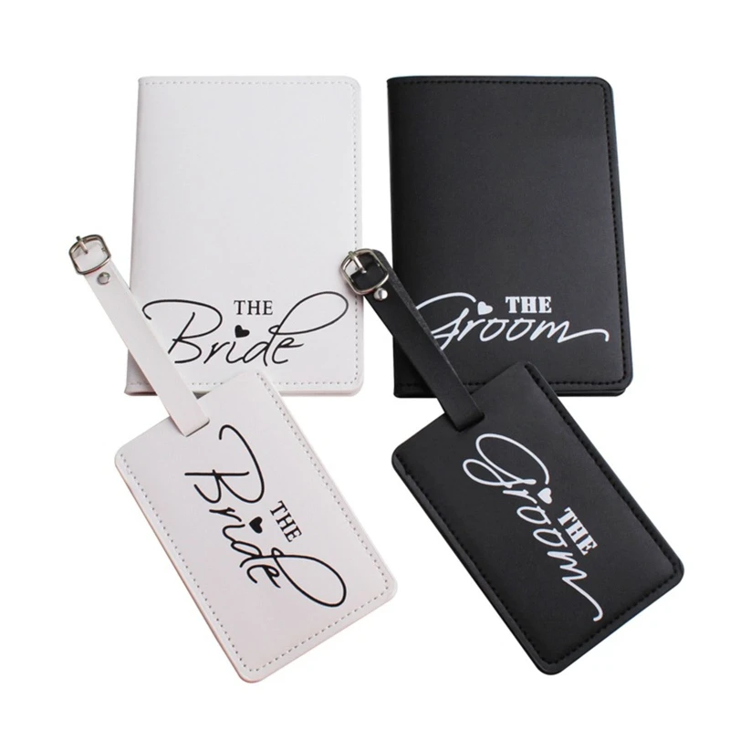 

1Set PU Leather Luggage Bag Tag Bride Groom Passport for Case Cover for Couples Travel