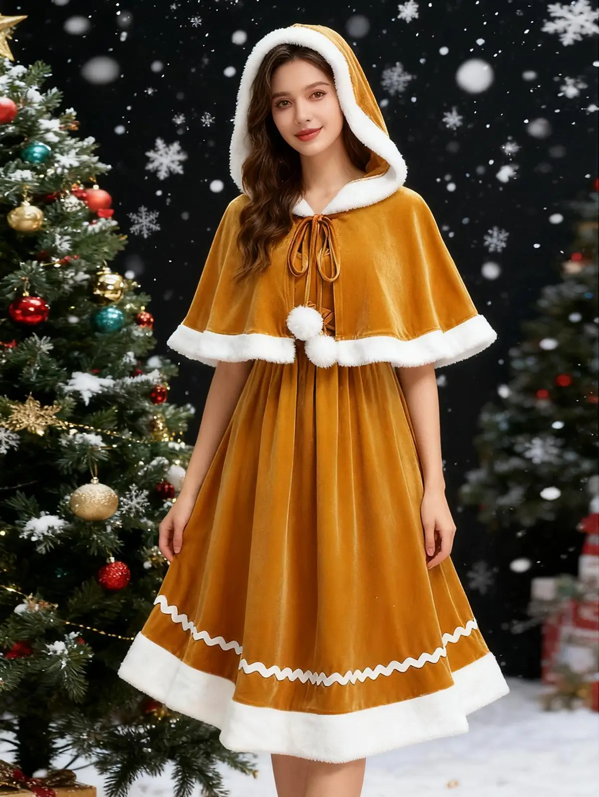 

ROSEGAL Plus Size Christmas Dresses Gingerbread Ruched Wave Line Trim Cami Dress With Fleece Trim Hooded Cape Cloak for Women