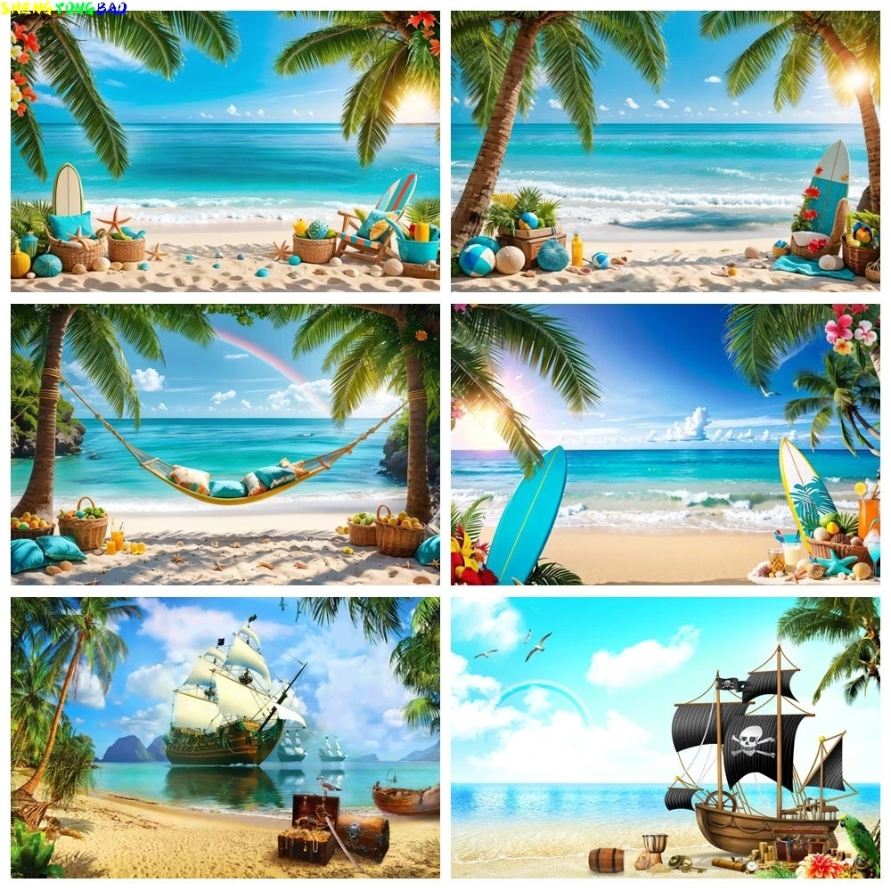 Summer Hawaiian Surfboard Beach Photography Backdrop Tropical Palm Tree Pirate Ship Baby Birthday Kids Portrait Photo Background