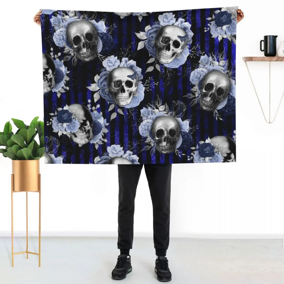 Watercolor Roses and Vintage Skull Mixed Media Pattern. Gothic blue dark beauty. Throw Blanket Decoratives Travel Blankets