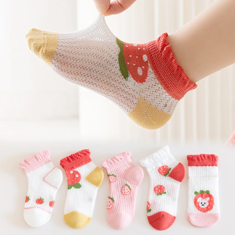 5 Pairs Kids Summer Mesh Socks Cute Strawberry Print Ruffle Cuff Short Socks Breathable Cotton Anti-slip Toddler Socks for Girls