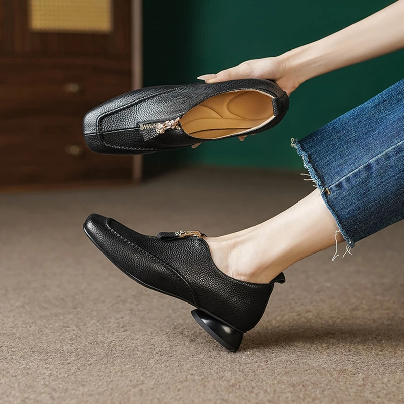 

NEW Spring/Autumn Women Pumps Square Toe Chunky Heel Shoes Genuine Leather Shoes for Women Concise Zipper Handmade Black Shoes