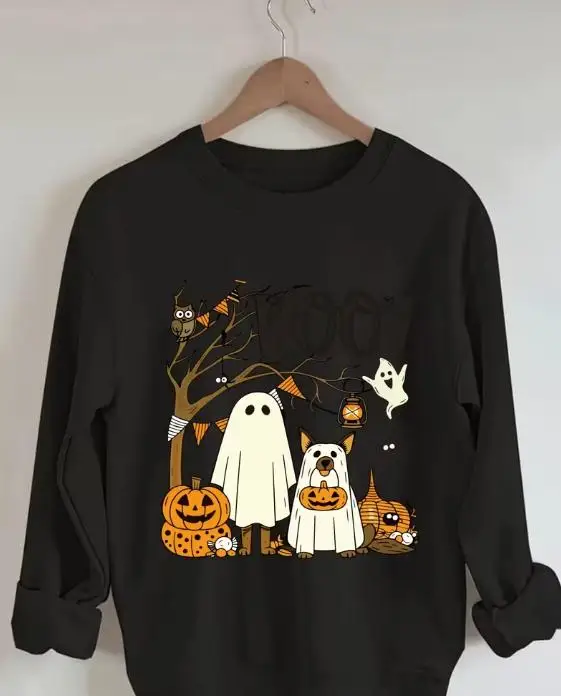 Women Boo Ghost Graphic Long Sleeve Sweatshirt Preppy Style Campus Outfit Crew Neck Pullover Ghost Dog Pumpkin Owl Print Holiday Party Casual Wear
