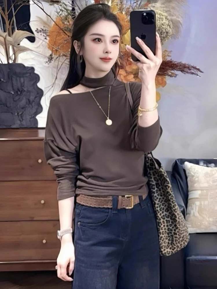 한국 패션 안티에이징 롱 슬리브 오프숄더 네이키드 스타일 티셔츠 여성 가을 겨울 신상 슬림핏 베이스 티셔츠