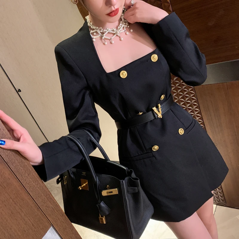 

Ele Double-Breasted Slimming Suit Dr Bla Long Sve Commute Design Korean Sle A-Line Dr Faionable