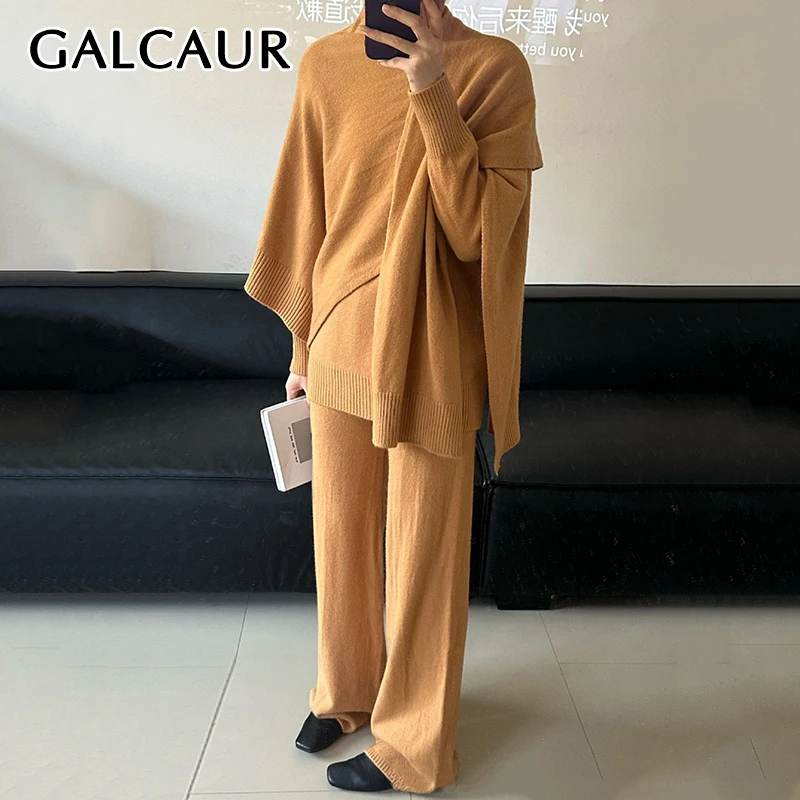 

GALCAUR Solid Temperament Three Piece Sets For Women Knitted Sweater With Shawl High Waist Wide Leg Pants Casual Suit Female New