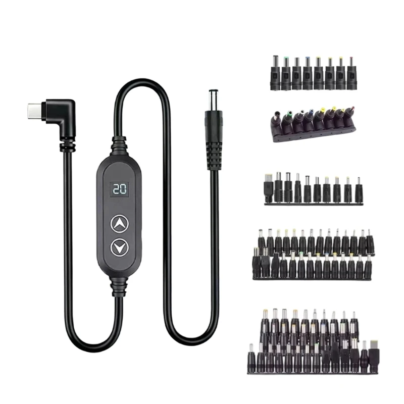 65W Laptop Power Cord USB C to DC-Plug Power Cable 5V 9V 12V 15V 20V Output adjust Charging Cable with DC-Plug