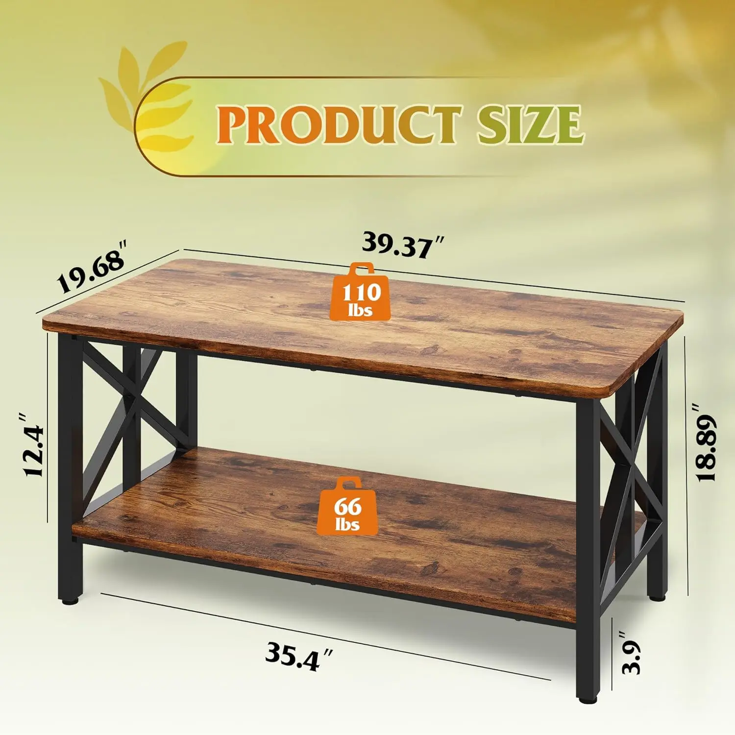 Mesa de Centro para Sala de Estar, Mesa Moderna de 2 Niveles de 39 Pulgadas con Esquinas Redondeadas, Estante de Almacenamiento, Estilo Rústico, Personalizable