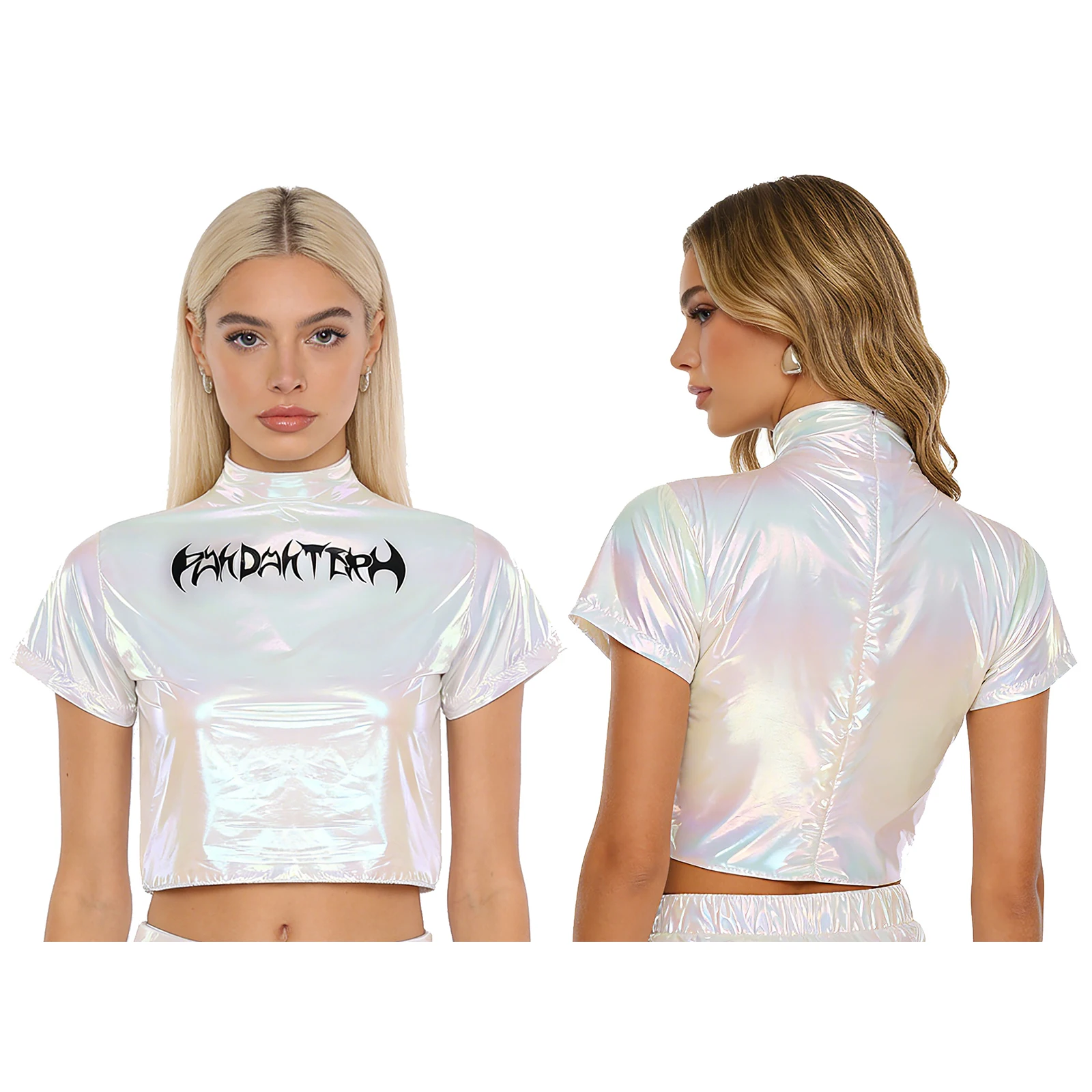 เสื้อครอปแจ๊สสำหรับผู้หญิง ลายพิมพ์สไตล์พังก์เมทัลลิก คอเต่า แขนสั้น ซิปหลัง เสื้อยืดครอปสำหรับการแสดงเต้นแจ๊สบนเวที