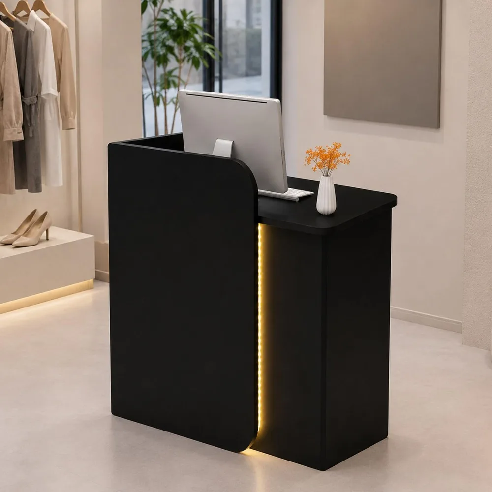 Black Reception Desk with Curved Privacy Panel & LED Light Strip