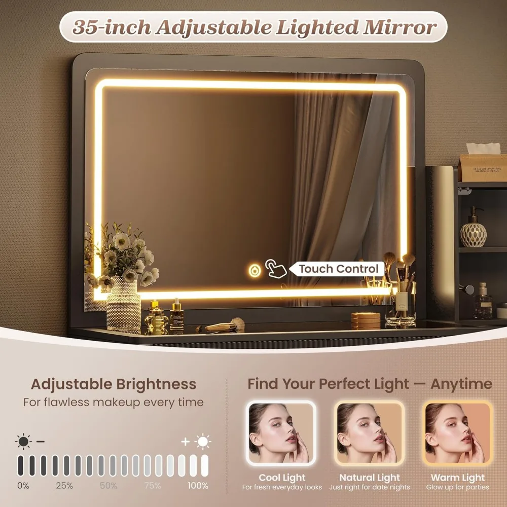 مكتب مكياج كبير مقاس 55 بوصة مع مرآة LED مقاس 35.4 بوصة، ومنافذ طاقة، وسطح مطلي باللون الأسود، وسطح زجاجي، و3 أدراج، Space-Sa