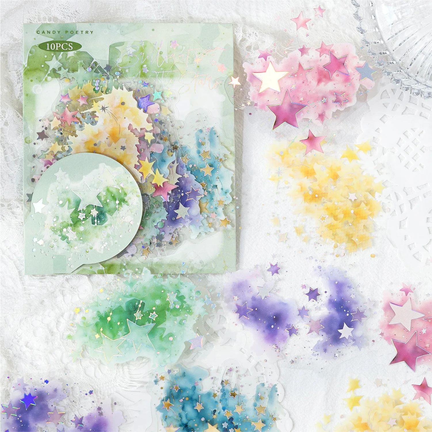 10 Pcs Watercolour Themed Holographic Shiny Transparent Resin Waterproof Stickers Decals For Scrapbooking Supplies Junk Journal