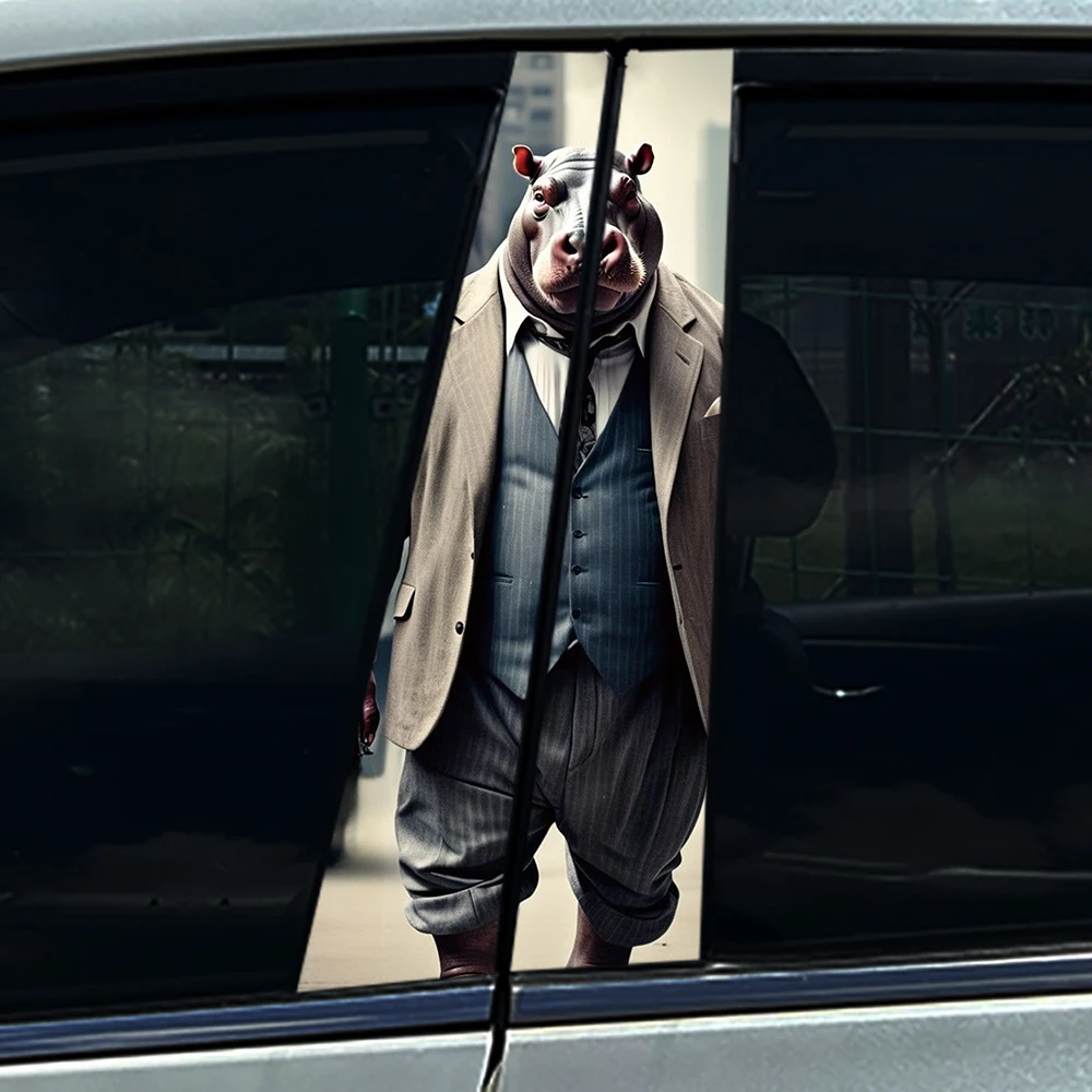 2PCS Cool Suit Hippo Car B-pillar Decal Waterproof Vinyl Window Sticker Scratch Cover for Universal Car Models