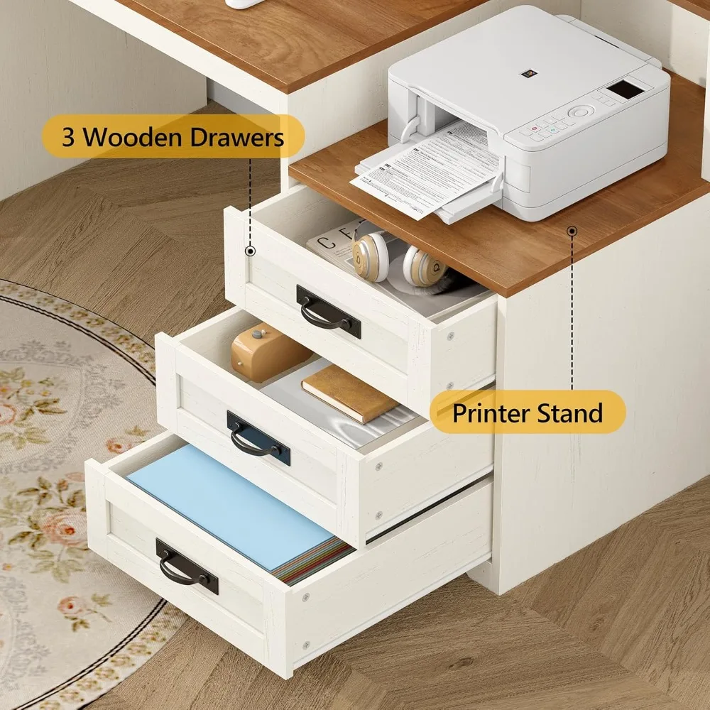 Farmhouse Computer Desk with Drawers, 65'' Home Office Desk with Power Outlets, Storage Cabinet and Printer Stand, Study Writing